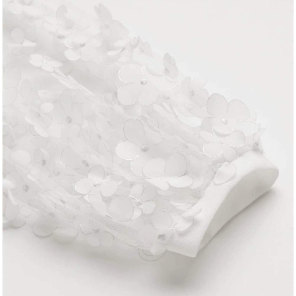 Floral Applique Sheer Bishop Sleeve Belted Dress - Picture 4 of 7